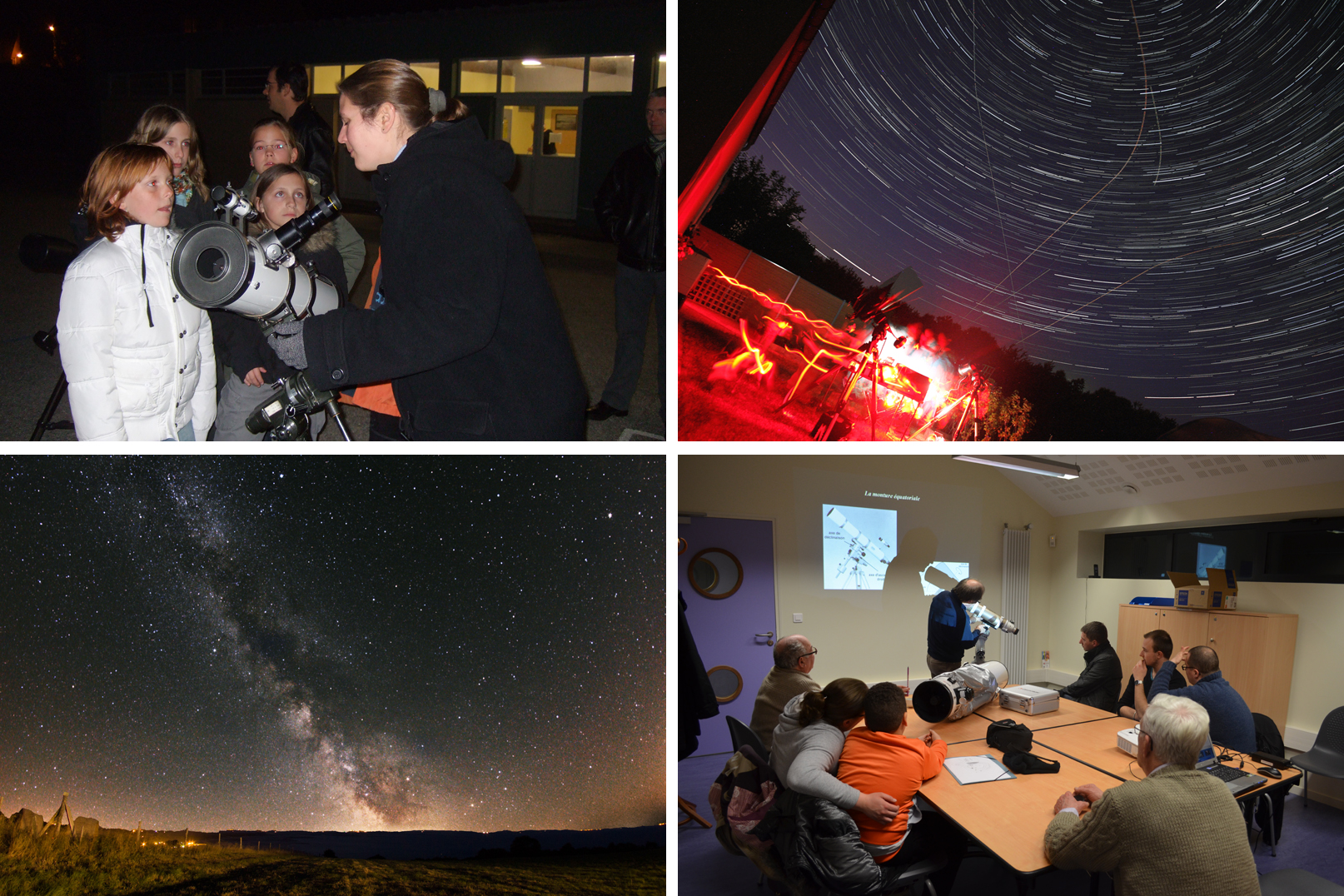groupe d'enfants devant un télescope et vue d'un ciel étoilé