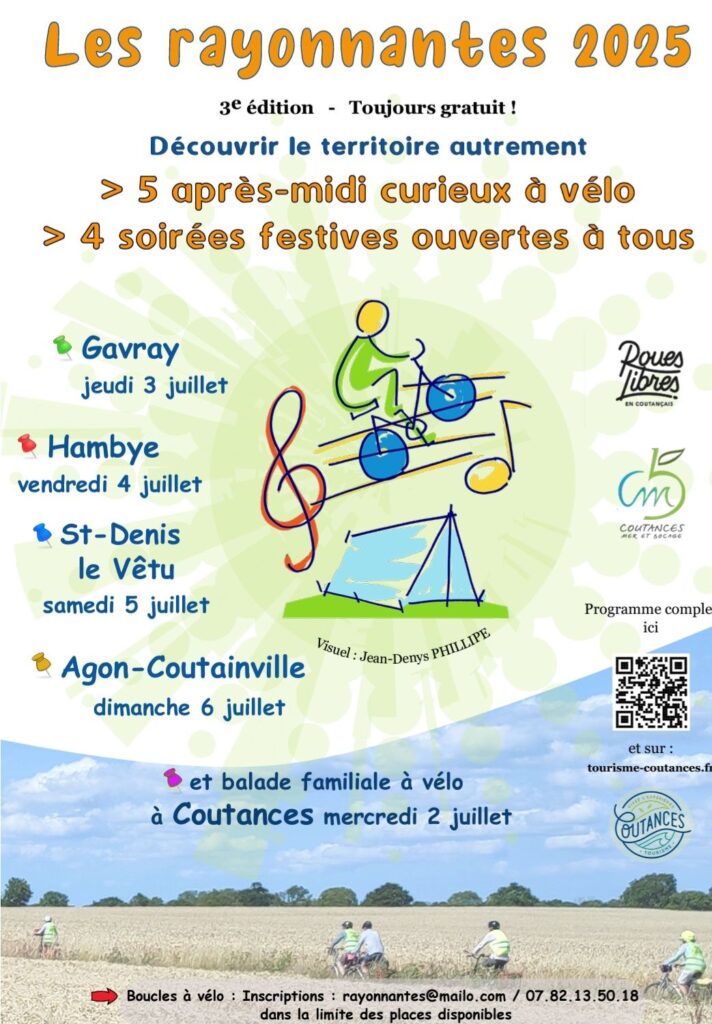 Affiche de la 3e édition du festival Les Rayonnantes. Au centre un personnage à vélo sur une portée. Les roues du vélo représentent des notes de musique. On voit également une clé de sol et une tente.