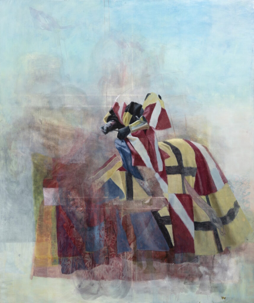 Un chevalier sans tête est assis sur un cheval caparaçonné