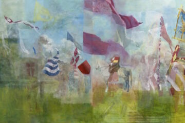 Une scène de guerre médiévale incluant des chevaux caparaçonnés et des chevaliers.